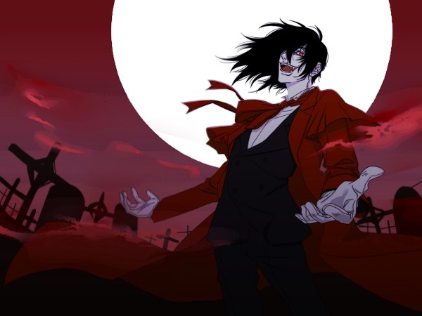 Anime picture 1200x900 with hellsing alucard (hellsing) mit z single long hair fringe open mouth black hair red eyes sky hair over one eye teeth fang (fangs) spread arms pale skin vampire red sky boy gloves necktie