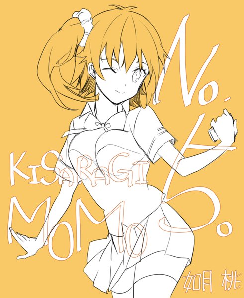 Anime picture 800x977 with kagerou project shaft (studio) kisaragi momo eunram single tall image fringe short hair blonde hair simple background smile hair between eyes one eye closed wink zettai ryouiki character names one side up yellow background partially colored girl