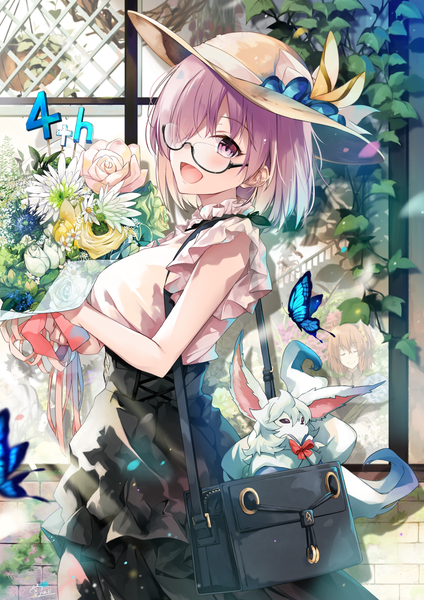 Anime picture 900x1273 with fate (series) fate/grand order mash kyrielight fujimaru ritsuka (female) fou (fate) leonardo da vinci (fate) hirai yuzuki tall image looking at viewer blush fringe short hair breasts open mouth smile hair between eyes standing purple eyes holding signed