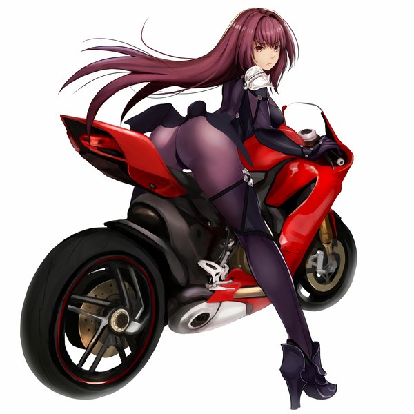 Anime picture 1150x1150 with fate (series) fate/grand order scathach (fate) (all) scathach (fate) jilllxlxl single long hair looking at viewer fringe breasts light erotic simple background red eyes large breasts white background holding purple hair full body ass looking back