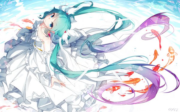 Anime picture 1650x1031 with vocaloid hatsune miku qys3 single looking at viewer blush blue eyes smile wide image standing twintails bare shoulders ahoge very long hair aqua hair gradient hair spread arms girl dress animal