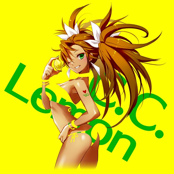 Anime picture 1000x1000 with original c.c. lemon c.c. lemon (character) ria single long hair blush light erotic simple background smile brown hair twintails green eyes ass one eye closed wink inscription tattoo hand on hip yellow background