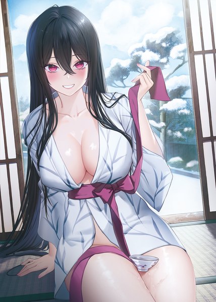 Anime picture 1250x1754 with original lichiko single long hair tall image looking at viewer blush fringe breasts light erotic black hair smile hair between eyes red eyes large breasts sitting holding sky cloud (clouds) indoors