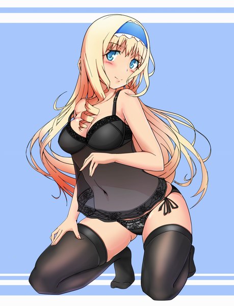Anime picture 1500x1959 with infinite stratos 8bit cecilia orcott koma (wsgtt1300) single long hair tall image blush breasts blue eyes light erotic blonde hair drill hair girl thighhighs navel underwear panties black thighhighs hairband