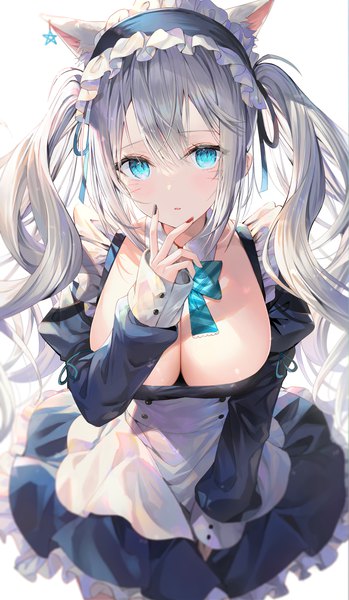 Anime picture 1120x1923 with original rin yuu single long hair tall image looking at viewer blush fringe breasts open mouth blue eyes light erotic simple background hair between eyes large breasts standing twintails animal ears payot cleavage