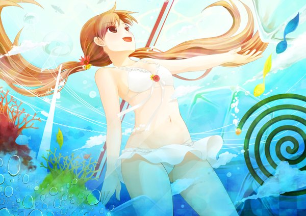 Anime picture 1754x1240 with original ahira yuzu highres open mouth brown hair twintails brown eyes girl swimsuit water fish (fishes)