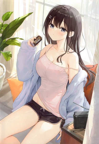 Anime picture 2400x3470 with original fuumi (radial engine) single long hair tall image looking at viewer blush fringe highres breasts black hair hair between eyes sitting bare shoulders cleavage indoors long sleeves from above scan off shoulder