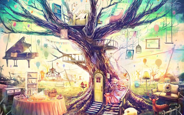 Anime picture 1920x1200 with original akabane (zebrasmise) single long hair highres blonde hair wide image sunlight cropped girl plant (plants) tree (trees) heart book (books) toy stuffed animal couch stairs lamp fence
