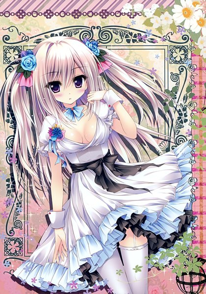 Anime picture 2450x3500 with prismatic world (artbook) shiramori yuse single long hair tall image looking at viewer blush highres breasts light erotic purple eyes white hair hair flower scan official art framed girl thighhighs dress flower (flowers)
