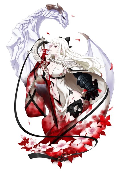 Anime picture 1139x1611 with drakengard zero (drag-on dragoon) rekise single long hair tall image breasts simple background red eyes white background white hair girl flower (flowers) weapon petals sword blood