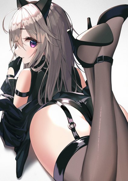 Anime picture 2480x3508 with original munseonghwa single long hair tall image looking at viewer blush fringe highres light erotic simple background hair between eyes purple eyes animal ears silver hair ahoge ass lying looking back from behind
