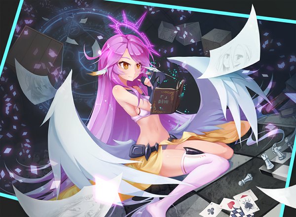 Anime picture 1181x870 with no game no life madhouse jibril (no game no life) papajin single long hair sitting looking away purple hair midriff orange eyes wariza low wings girl thighhighs navel wings book (books) single thighhigh paper