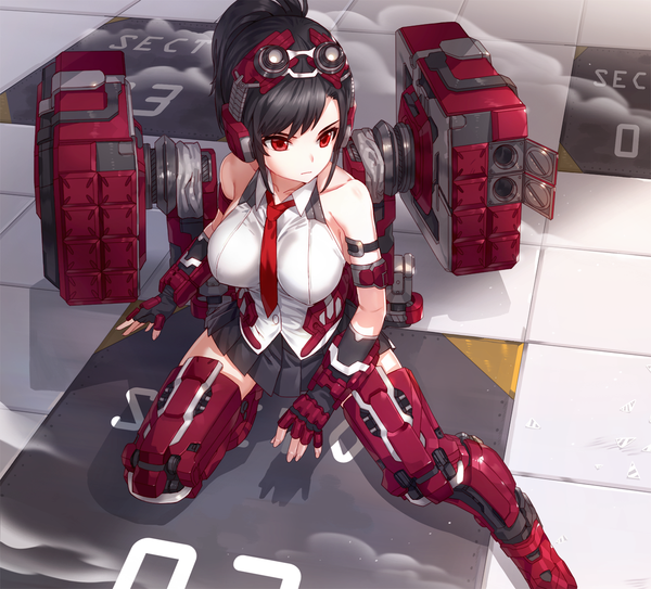 Anime picture 1169x1058 with original kfr single fringe breasts black hair red eyes large breasts sitting payot pleated skirt from above shadow midriff sleeveless text squat open collar english checkered floor