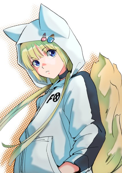 Anime picture 869x1228 with kemono jihen kon (kemono jihen) arakan single long hair tall image blue eyes simple background blonde hair white background twintails upper body tail animal tail low twintails hands in pockets girl choker hairclip hood