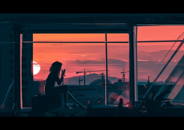 Anime picture 1200x850 with original aenami single long hair sitting holding sky cloud (clouds) full body indoors profile mouth hold city evening sunset letterboxed smoke scenic smoking red sky