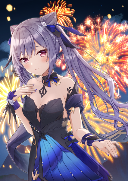 Anime-Bild 1756x2479 mit genshin impact keqing (genshin impact) keqing (opulent splendor) (genshin impact) mochiko (uyu omochi) single long hair tall image looking at viewer blush fringe highres breasts smile hair between eyes large breasts standing twintails payot cleavage purple hair