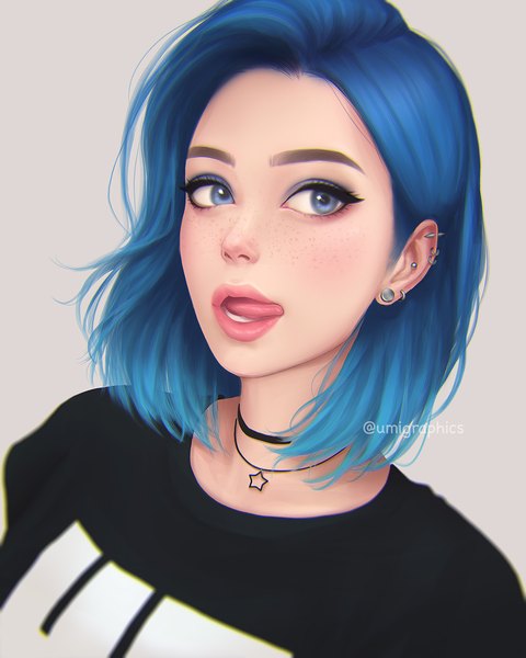 Anime picture 1000x1250 with original umigraphics single tall image short hair open mouth blue eyes simple background signed blue hair looking away upper body lips realistic grey background dutch angle twitter username lipstick piercing portrait
