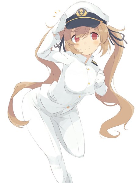 Anime picture 752x1012 with kantai collection murasame destroyer totoki86 single long hair tall image looking at viewer fringe simple background blonde hair smile red eyes standing white background bent knee (knees) leaning leaning forward standing on one leg salute girl