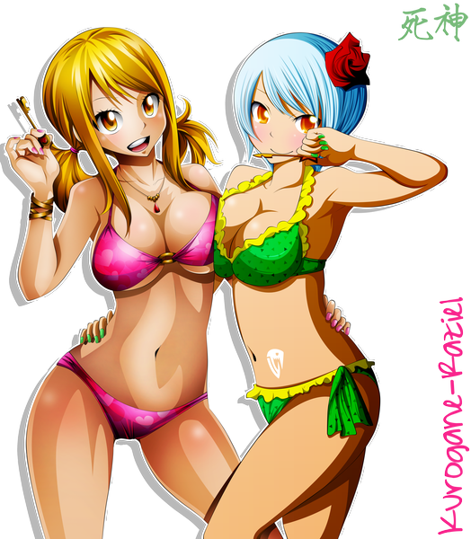 Anime picture 4504x5157 with fairy tail lucy heartfilia yukino aguria thecarrotsaysyumyum long hair tall image highres short hair breasts open mouth light erotic blonde hair smile twintails multiple girls yellow eyes absurdres white hair nail polish hair flower
