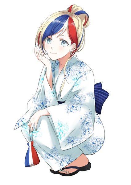 Anime picture 2508x3541 with kantai collection commandant teste (kantai collection) morinaga (harumori) single long hair tall image looking at viewer highres blue eyes blonde hair simple background smile white background full body nail polish traditional clothes japanese clothes multicolored hair hair bun (hair buns) streaked hair