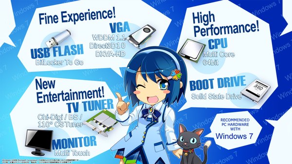 Anime picture 2134x1200 with os-tan windows (operating system) windows 7 madobe nanami single looking at viewer highres short hair open mouth blue eyes wide image blue hair long sleeves chibi ;d blush stickers girl animal hairband hairclip