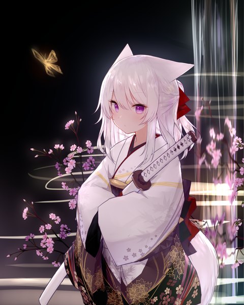 Anime-Bild 1600x2000 mit original guo582 single long hair tall image looking at viewer blush fringe hair between eyes standing purple eyes animal ears payot silver hair tail traditional clothes japanese clothes animal tail wide sleeves fox ears