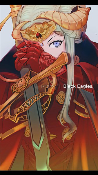 Anime picture 1080x1918 with fire emblem fire emblem: three houses nintendo edelgard von hresvelg houhou (pixiv4771938) single tall image looking at viewer short hair simple background purple eyes holding signed payot silver hair upper body horn (horns) grey background hair bun (hair buns) text