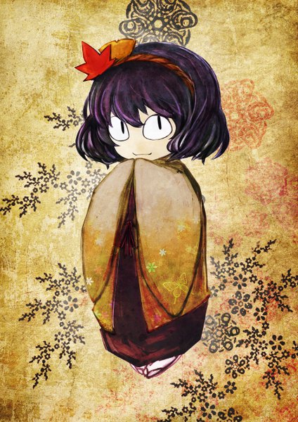 Anime picture 1768x2500 with touhou yasaka kanako akasia single tall image highres short hair purple hair japanese clothes brown background parody girl hairband child (children)