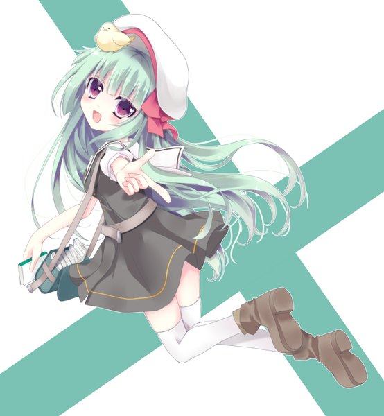Anime picture 1500x1624 with original mf bunko hoshi (snacherubi) single long hair tall image looking at viewer blush open mouth smile white background purple eyes holding bent knee (knees) :d green hair outstretched arm jumping pointing girl