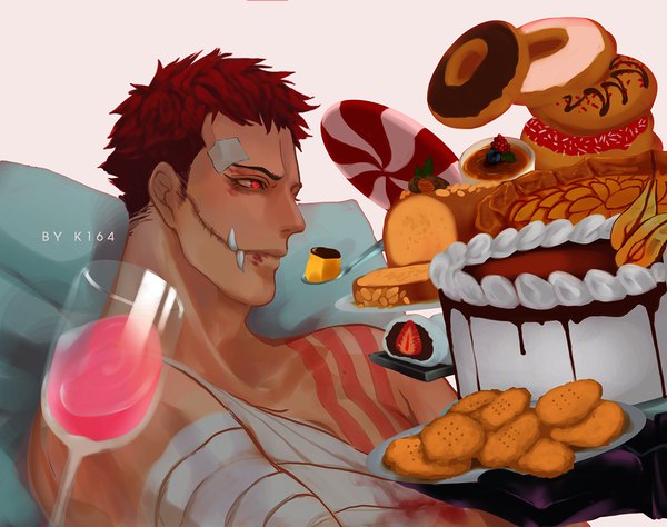 Anime picture 1265x1000 with one piece toei animation charlotte katakuri k164 single short hair simple background red eyes bare shoulders signed looking away upper body red hair lying profile fang (fangs) tattoo scar spoilers bandaid on face