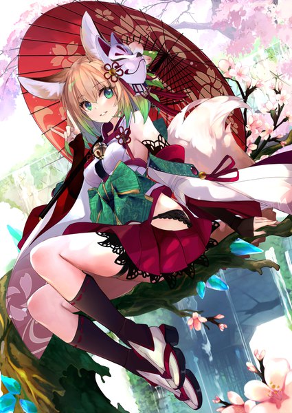Anime picture 800x1130 with original shirokitsune single tall image looking at viewer fringe short hair light erotic blonde hair hair between eyes sitting green eyes animal ears tail animal tail fox ears cherry blossoms fox tail fox girl mask on head