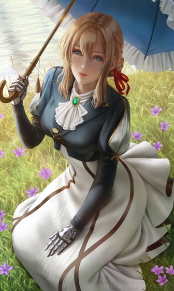 Anime picture 3000x5000 with violet evergarden kyoto animation violet evergarden (character) wickellia single tall image fringe highres short hair breasts blue eyes blonde hair hair between eyes sitting holding full body outdoors braid (braids) realistic puffy sleeves