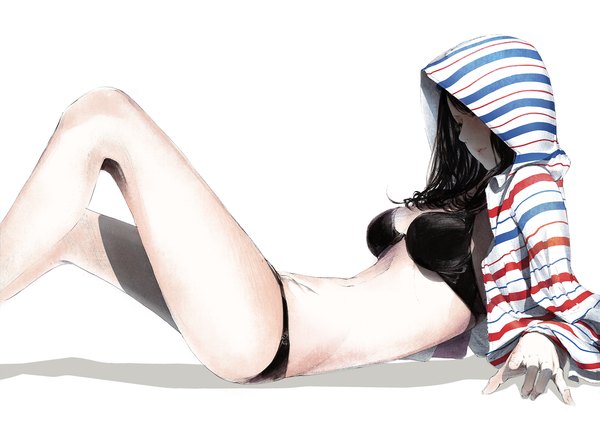 Anime picture 1280x905 with original sousou (sousouworks) single long hair black hair simple background white background teeth shadow legs underwear only monochrome striped reclining pointing girl navel underwear panties hood