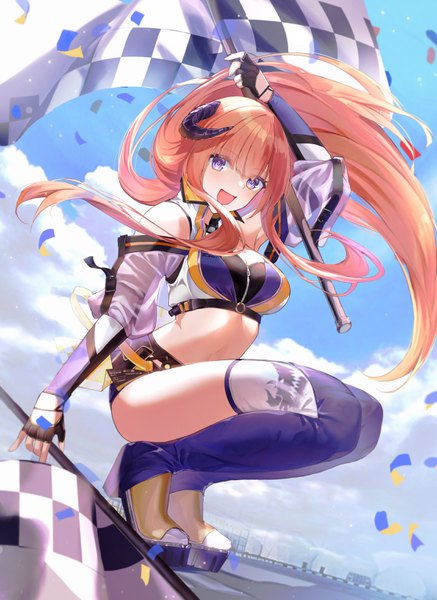 Anime picture 2230x3062 with arknights bagpipe (arknights) bagpipe (queen no. 1) (arknights) lims (neko2lims) single long hair tall image looking at viewer blush fringe highres breasts open mouth blue eyes light erotic smile bare shoulders holding sky cloud (clouds)