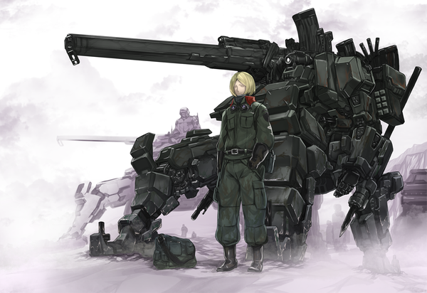 Anime picture 1340x922 with original pixiv fantasia quotient stone (pixiv) single short hair blonde hair yellow eyes eyes closed hand in pocket boy uniform weapon military uniform mecha