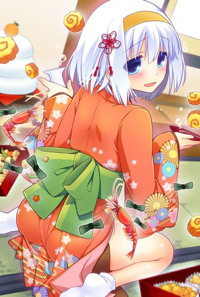 Anime picture 689x1019 with original giuniu single tall image blush short hair blue eyes white hair traditional clothes japanese clothes new year girl food hairband kimono
