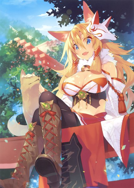 Anime picture 2489x3500 with original itsuwa (lethal-kemomimi) single long hair tall image highres breasts open mouth blue eyes light erotic blonde hair looking away scan official art girl animal boots mask fox mask fox