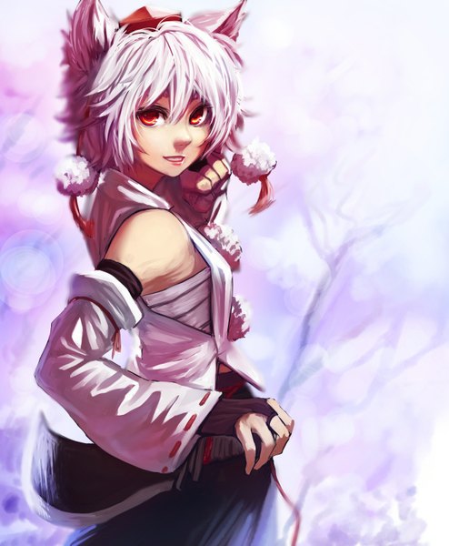 Anime picture 1268x1540 with touhou inubashiri momiji bukimi isan single tall image short hair smile red eyes animal ears white hair cat ears girl weapon detached sleeves sword fingerless gloves