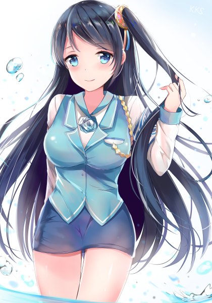 Anime picture 840x1200 with krt girls xiao qiong (krt girls) konka single long hair tall image looking at viewer blush fringe breasts blue eyes black hair smile large breasts standing side ponytail adjusting hair underwater arm behind back girl