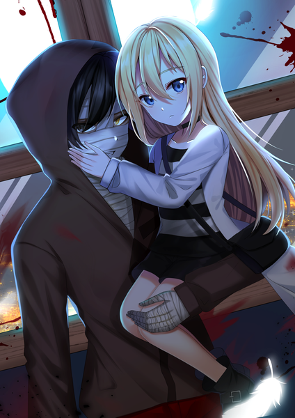 Anime picture 1200x1697 with satsuriku no tenshi ray (satsuriku no tenshi) zack (satsuriku no tenshi) mamel 27 long hair tall image looking at viewer fringe short hair blue eyes black hair blonde hair hair between eyes heterochromia carrying hand on another's face girl boy choker hood