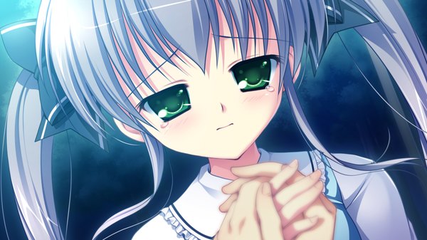 Anime picture 1280x720 with root double kotono yuuri long hair wide image twintails green eyes game cg grey hair tears girl dress ribbon (ribbons) hair ribbon