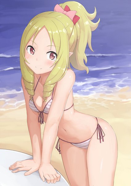 Anime picture 1000x1413 with eromanga sensei a-1 pictures yamada elf abmayo single tall image looking at viewer blush breasts light erotic smile brown eyes ponytail pointy ears arm support leaning leaning forward beach drill hair sand