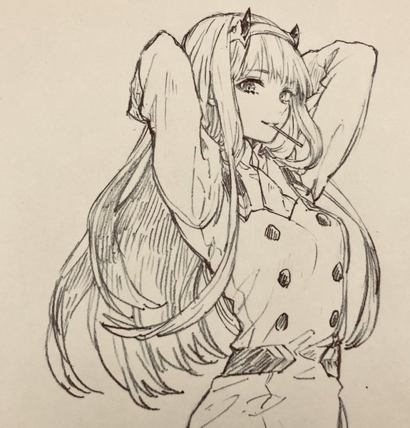 Anime picture 1962x2048 with darling in the franxx studio trigger zero two (darling in the franxx) ricenyan single long hair tall image looking at viewer fringe highres breasts simple background smile upper body horn (horns) monochrome arms behind head oni horns double buttons traditional media