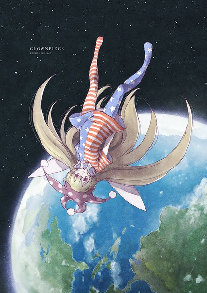 Anime picture 778x1100 with touhou clownpiece satyuas single tall image fringe blonde hair hair between eyes red eyes full body very long hair no shoes copyright name character names upside down weightlessness star print girl dress hat