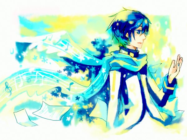 Anime picture 1024x768 with vocaloid kaito (vocaloid) verus single blue eyes blue hair boy scarf sheet music