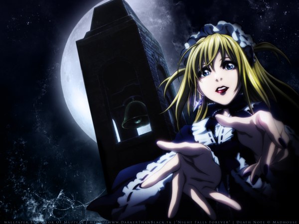 Anime picture 1600x1200 with death note madhouse amane misa kitao masaru single long hair looking at viewer fringe blue eyes blonde hair hair between eyes signed nail polish night two side up wallpaper copyright name lipstick red lipstick outstretched hand