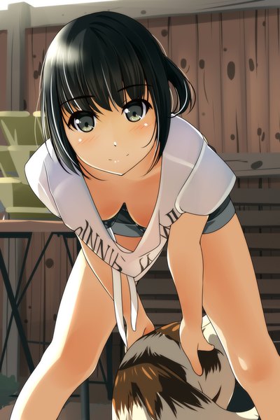 Anime picture 800x1200 with original matsunaga kouyou single tall image looking at viewer short hair breasts light erotic black hair light smile black eyes girl animal shorts short shorts cat