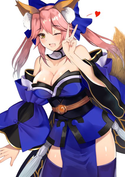 Anime picture 2066x2922 with fate (series) fate/extra tamamo (fate) (all) tamamo no mae (fate) suika (atelier-yuu) single long hair tall image blush highres breasts light erotic simple background large breasts white background twintails animal ears yellow eyes pink hair cleavage