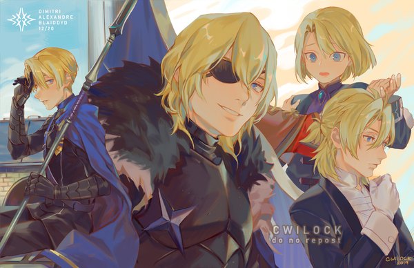 Anime picture 1100x712 with fire emblem fire emblem: three houses nintendo dimitri alexandre blaiddyd cwilocky looking at viewer fringe short hair open mouth blue eyes blonde hair smile hair between eyes signed looking away upper body multiple boys alternate age multiple persona younger