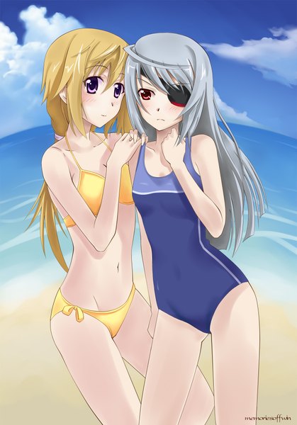 Anime picture 1398x2000 with infinite stratos 8bit charles dunois laura bodewig qiuzhi huiyi long hair tall image blush blonde hair red eyes purple eyes multiple girls sky silver hair cloud (clouds) beach girl navel 2 girls swimsuit